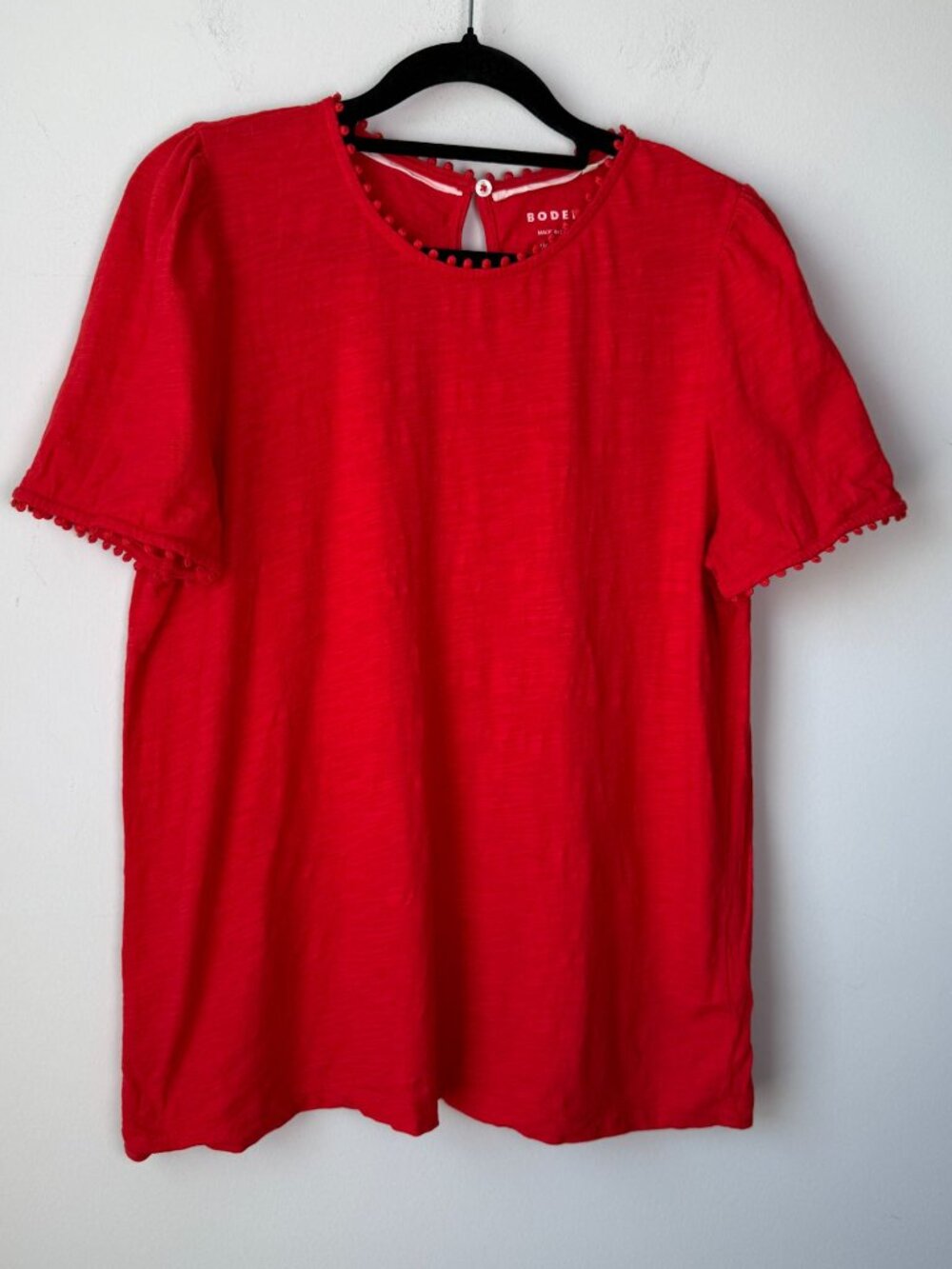 Boden Womens Pom Pom Trim T-Shirt Red Size 8 Boho Resort Summer Preppy
